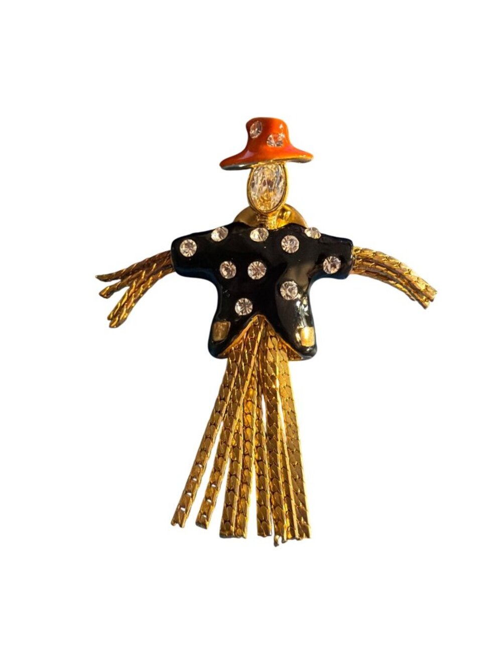 Vtg Pauline Rader Scarecrow Brooch Pin Gold Tone Enamel Rhinestones Estate 2"